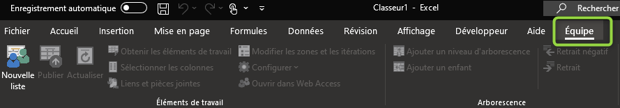 Nouvel onglet Équipe, pour lier Excel à Devops