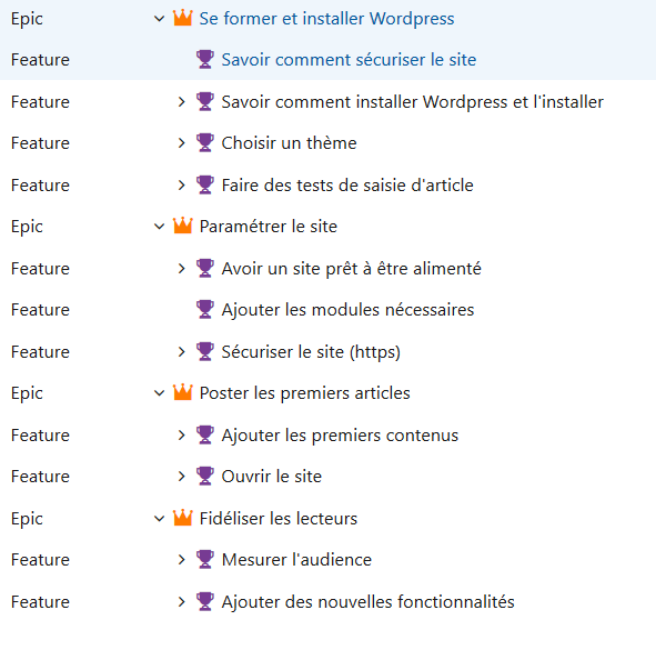 Pour organiser votre Backlog Devops, classer vos user stories sous des features et les features sous des Epics.