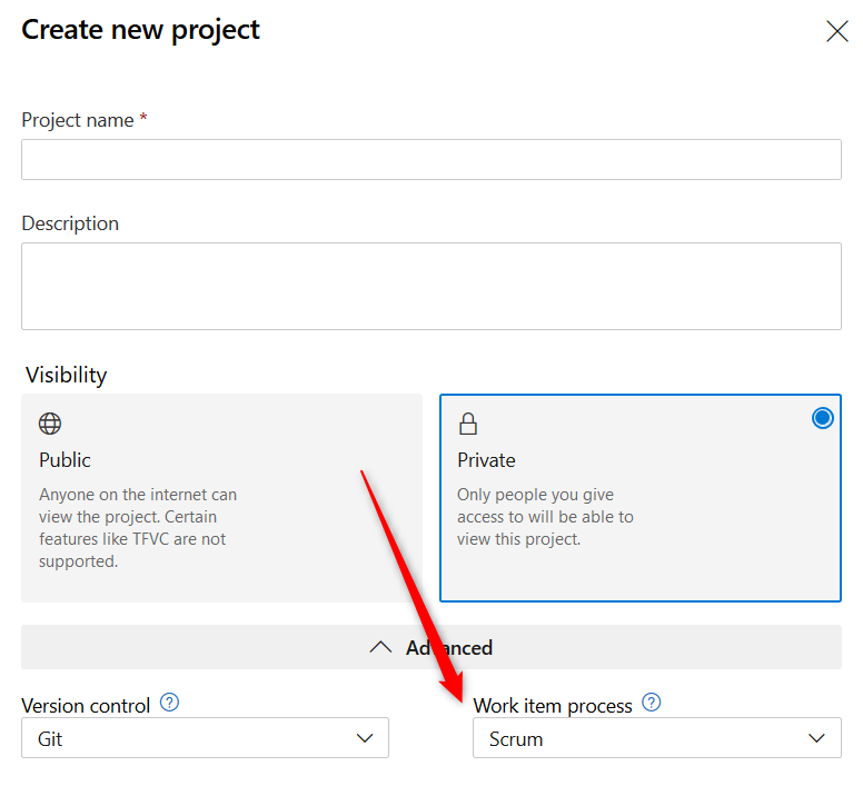 Création d'un projet Devops. Le choix du process est important et va régir le comportement de votre backlog.